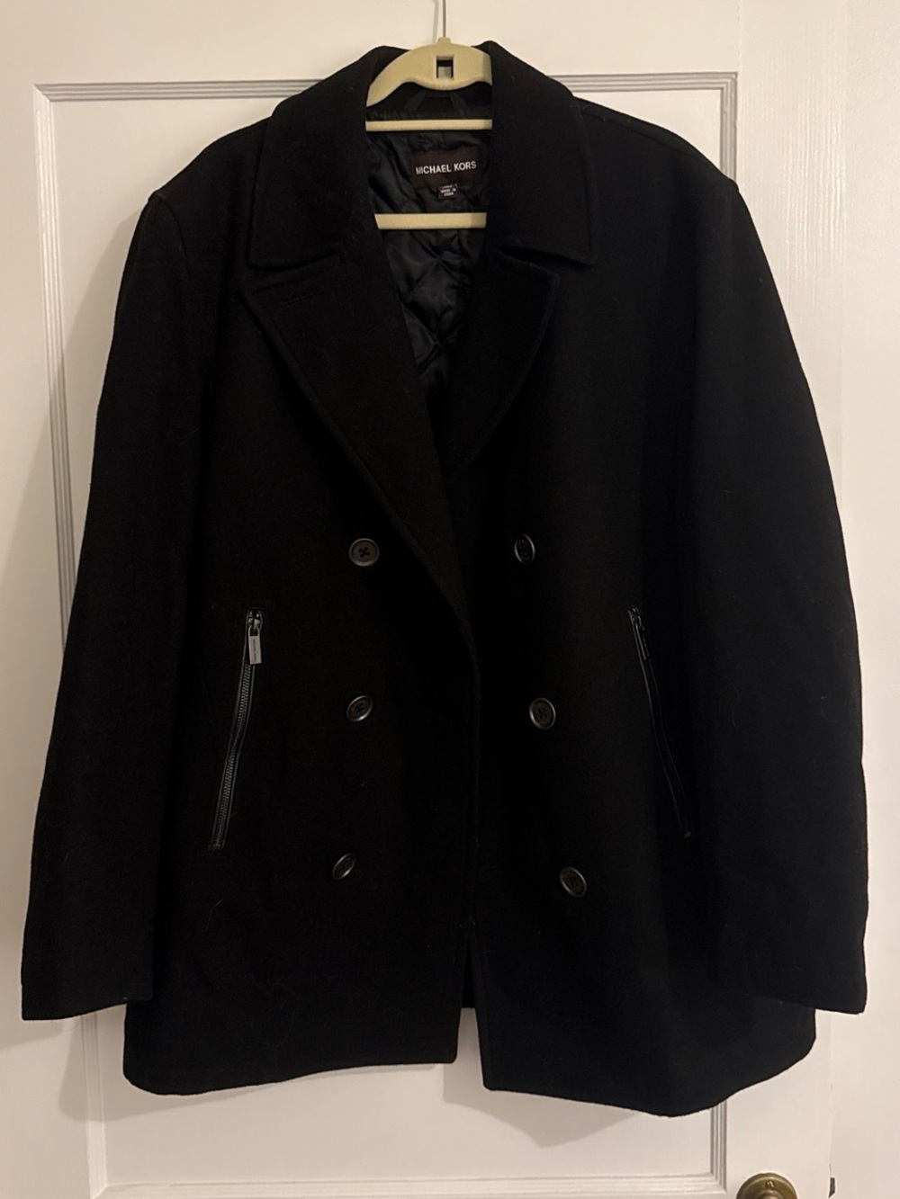 Michael Kors Black Double-Breasted Peacoat with Zip Pockets - Men’s